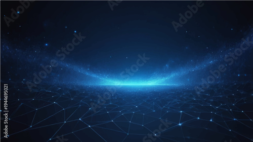 A vast nebula glows within a dark blue cosmos where bright stars and a distant planet illuminate the infinite outer space of a fantasy galaxy