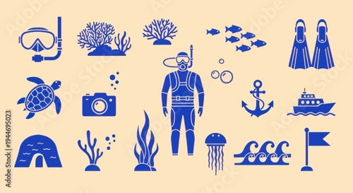 Scuba Diving and Underwater Icons Set: Snorkel, Turtle, Camera, Diver, Anchor, Coral
