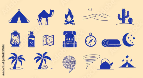 Desert Adventure Icons: Camping, Travel, Survival Kit