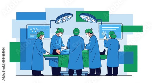 Surgeons Performing Operation in Modern Operating Room with Medical Monitors