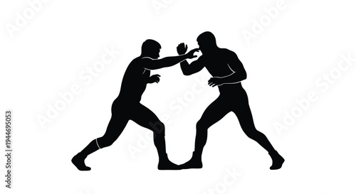 Two men engaged in a dynamic fighting pose stark silhouette