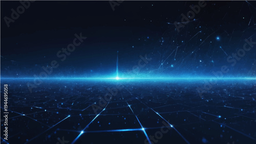 A vast nebula glows within a dark blue cosmos where bright stars and a distant planet illuminate the infinite outer space of a fantasy galaxy