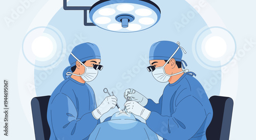 Surgeons Performing Operation in Modern Operating Room with Surgical Lights