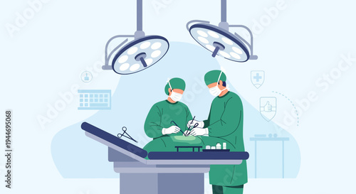 Surgeons Performing Operation in Operating Room with Medical Equipment and Lights