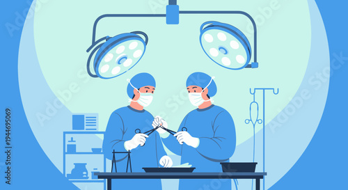 Surgeons Performing Operation in Modern Operating Room with Surgical Lights