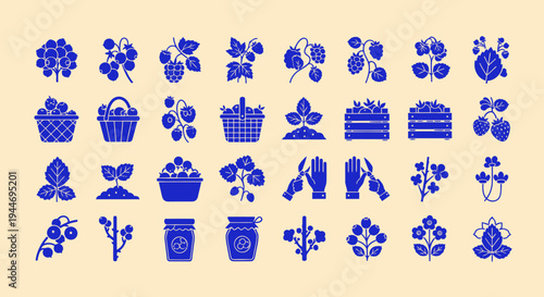 Pixel Art Berry Icons: Strawberries, Blueberries, Jars, Baskets, Gardening Tools