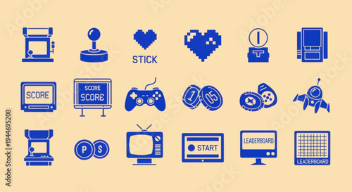 Retro Pixel Art Video Game Icons: Joystick, Controller, Arcade Machine, Scoreboard, Heart
