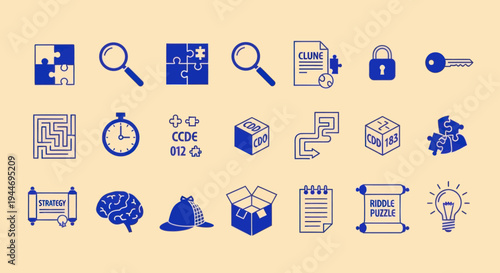 Puzzle icons set: strategy, problem solving, brainstorming, creativity and success symbols