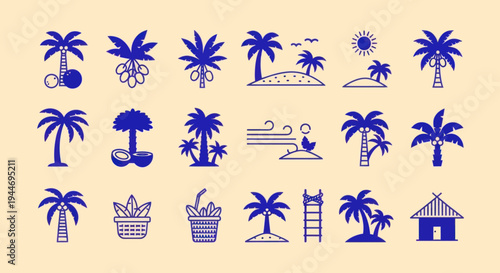 Tropical Palm Tree Icons Set: Coconut, Island, Beach, Summer, Vacation Vector Graphics