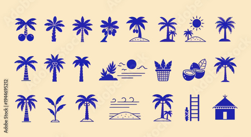 Tropical Palm Tree Icons Set: Beach, Island, Coconut, Sun, Hut, Ladder