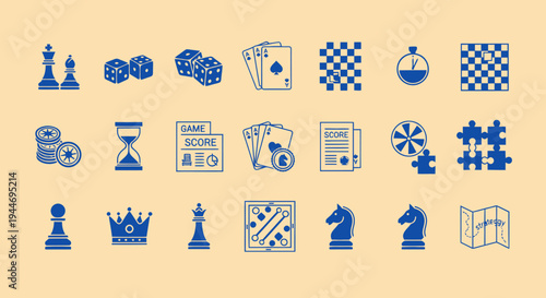 Board Game Icons: Chess, Dice, Cards, Puzzles, Stopwatch, Map, Hourglass