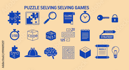 Puzzle Solving Games Icons: Brainstorming, Strategy, Logic, Clues, Riddles