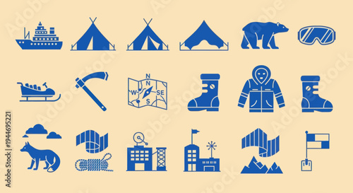 Arctic Expedition Icons: Polar Bear, Tent, Ship, Map, Sledge, Gear