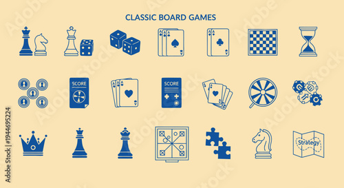 Classic Board Game Icons: Chess, Dice, Cards, Puzzles, Strategy Elements