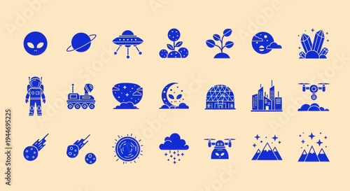 Space Exploration Icons: Aliens, Planets, UFOs, Astronauts, Drones, Futuristic Cities