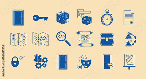 Escape Room Icons: Door, Key, Puzzle, Map, Chest, Timer, Code, Mask, Lock