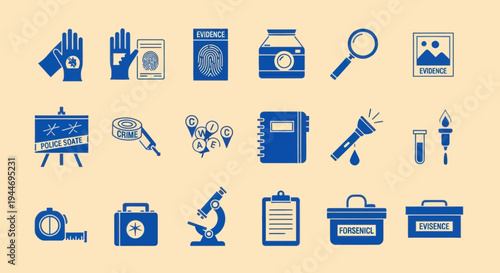 Forensic Science Icons: Investigation, Evidence Collection, Crime Scene Tools