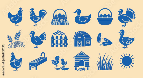 Farm Animals and Icons Set: Chicken, Rooster, Duck, Turkey, Barn, Eggs, Sun
