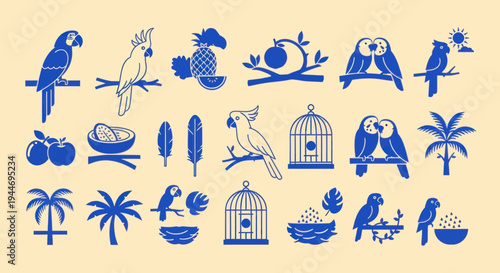Tropical Birds and Fruit Icons: Parrots, Coconuts, Pineapple, Palm Trees