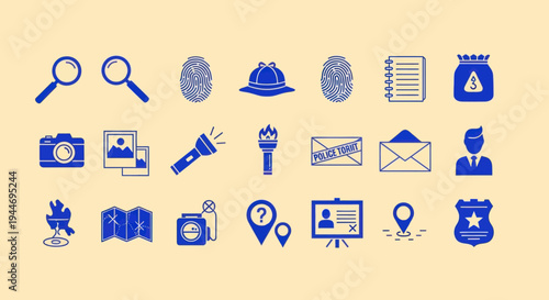 Detective Icons Set: Magnifying Glass, Fingerprint, Hat, Camera, Map, Police Badge