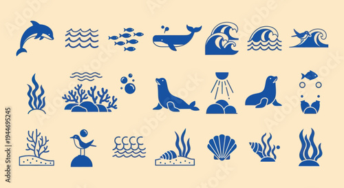 Ocean Life Icons: Dolphin, Whale, Seal, Fish, Waves, Coral, Shells