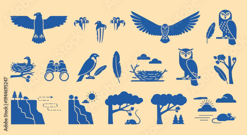Set of blue bird icons, nests, binoculars, feathers, trees, and mice on a beige background