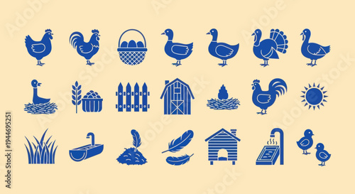 Farm Animals and Icons Set: Chicken, Duck, Turkey, Egg Basket, Barn, Sun