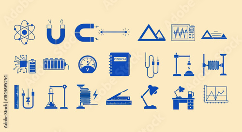 Science and Technology Icons: Physics, Electricity, Engineering, and Research Equipment