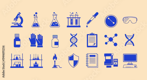 Science and Research Icons: Microscope, DNA, Beaker, Test Tubes, Lab Equipment