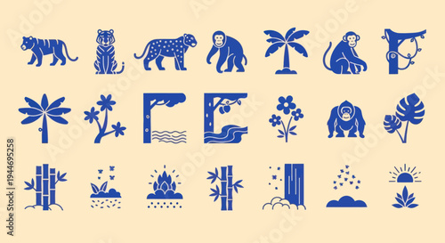 Jungle Icons: Tiger, Leopard, Monkey, Orangutan, Bamboo, Palm Trees, Waterfall