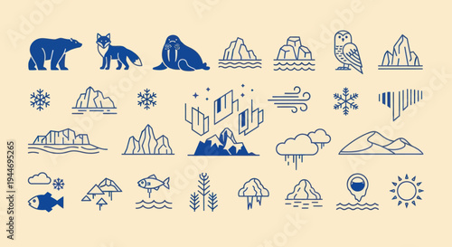 Arctic Icons: Polar Bear, Fox, Walrus, Aurora, Snowflakes, Mountains, Nature