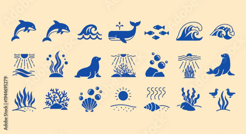 Ocean Life Icons: Dolphins, Whales, Seals, Waves, Corals, Shells, Sun