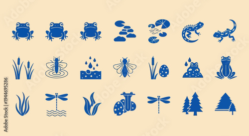 Collection of Blue Amphibian and Insect Icons on Beige Background