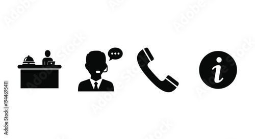 Black icons representing hotel reception support and information silhouette