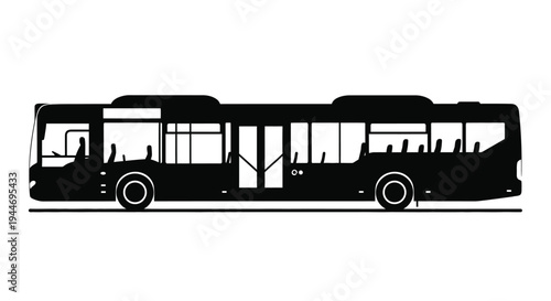 A black silhouette of a modern city bus on a white background