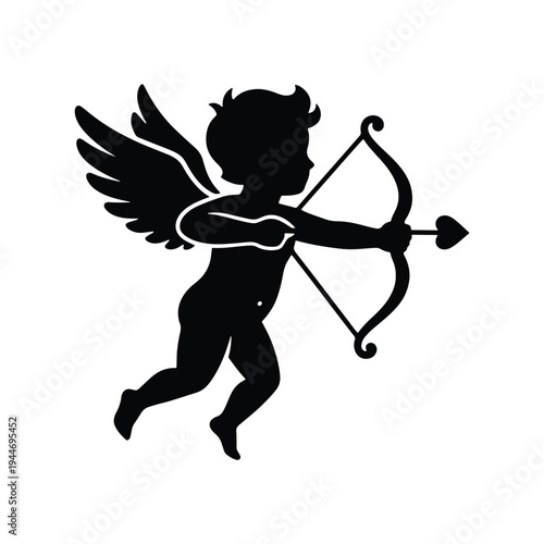 Cupid with Bow and Arrow Icon – Flat Black Silhouette, High Contrast