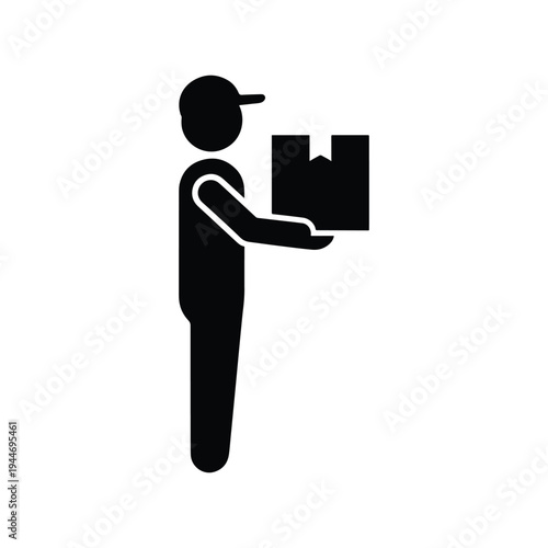 Delivery Man Holding Package Icon – Flat Black Silhouette, High Contrast