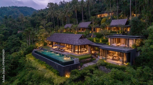 Luxury resort in lush tropical landscape architecture exterior view