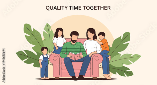 Happy family sitting on a sofa together reading a book and enjoying quality time with their three children at home