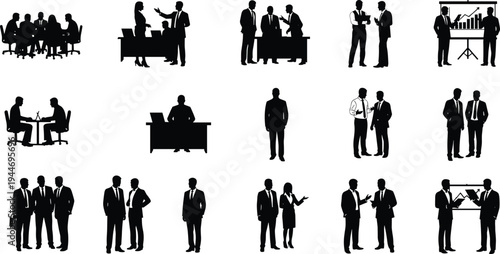 Set of business people silhouettes in different poses including office meetings presentations teamwork corporate discussions and professional male and female figures isolated