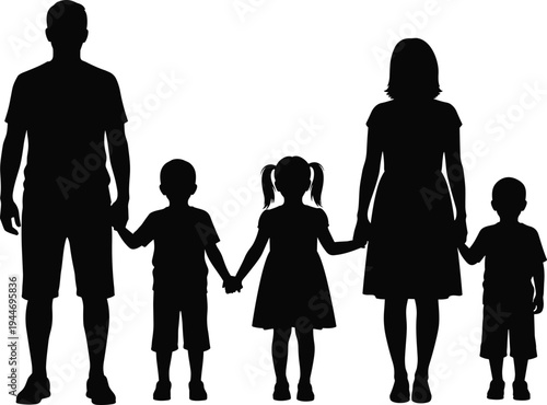 Full body silhouette of a happy family with three children and parents holding hands together isolated on white background vector