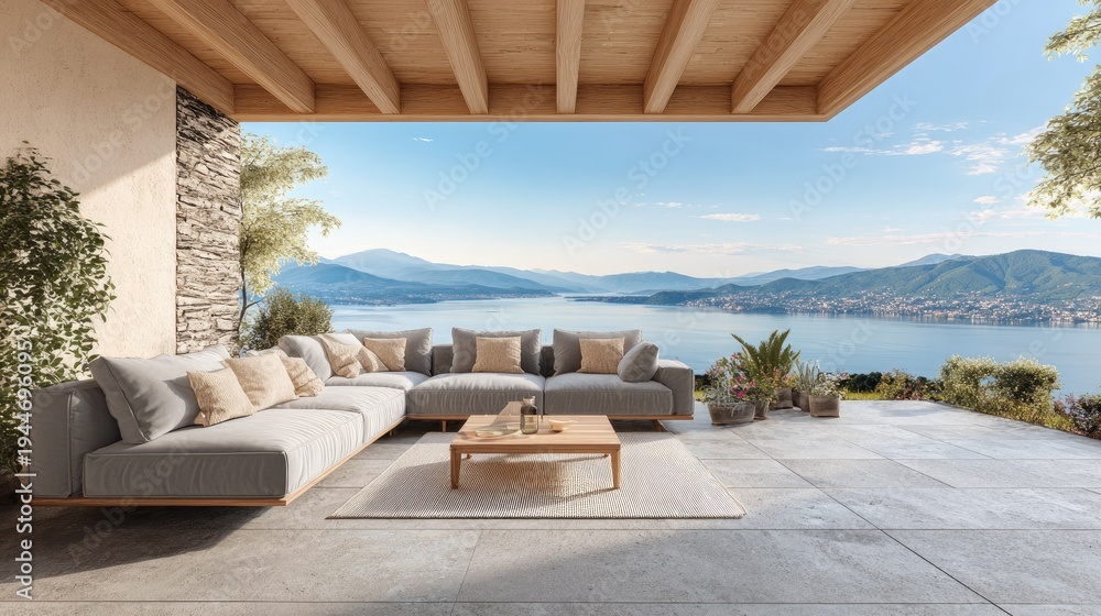 Fototapeta premium Modern outdoor living space with scenic lake view and comfortable seating