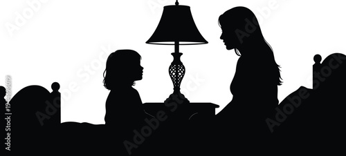 Silhouette illustration of parent and child sitting on bed, sharing bedtime story, conversation, and bonding moment in cozy bedroom setting