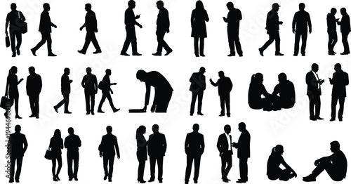 Silhouette illustration of diverse people in various poses, walking, sitting, talking, and interacting, representing social behavior and communication