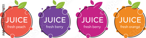 Fresh juice label set featuring peach, berry, and orange flavors in colorful circular fruit icons for beverage packaging and branding.