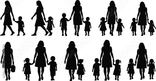 Silhouette illustration of mother walking with children, holding hands, standing together, and showing parenting, caregiving, and family bonding moments