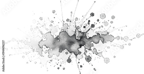 Explosion of ink or paint splatters with halftone dots in dark shades on transparent background, chaotic pattern, abstract art