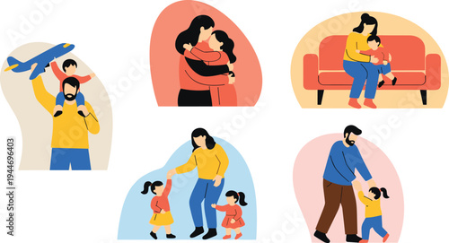 Illustration of parents and children bonding in everyday moments, family affection, caregiving, parenting, love, support, and togetherness scenes