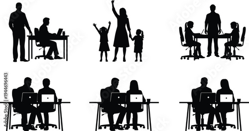 Silhouette illustration of people in family and work settings, teamwork, parenting, collaboration, caregiving, office activities, and bonding moments