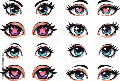 Anime eyes illustration, cartoon style eyes, colorful iris designs, stylized eyelashes, manga character art, expressive pupils, fantasy drawing inspiration, digital artwork